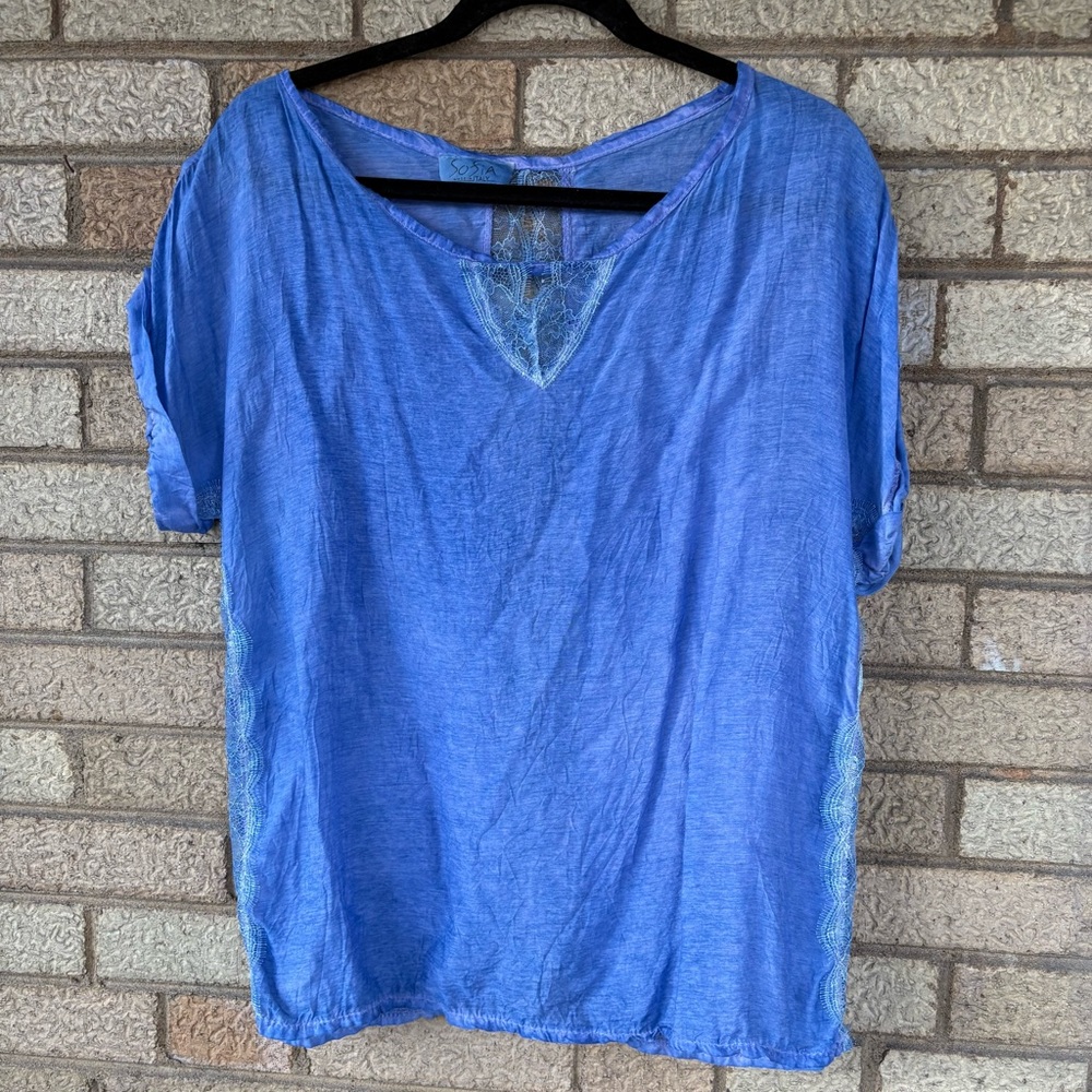 Blue V-Neck Casual Tunic with Side Embroidery